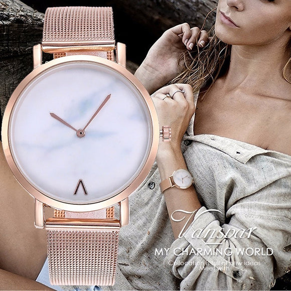 Woman Watch Vansvar Brand Creative Mesh Band Marble Quartz  Casual  Stainless Steel Wristwatches