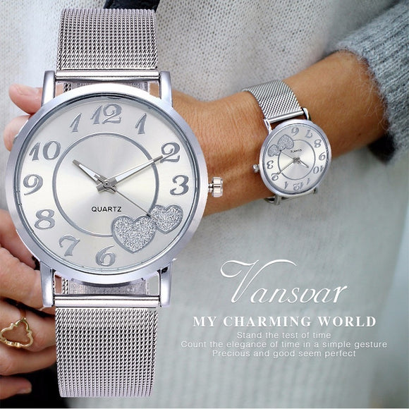 Woman Watch Silver & Gold Mesh Love Heart Dial Wristwatches Fashion Casual