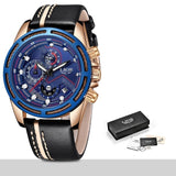 Man Watch Fashion Sport Quartz Clock Leather ,Top Brand Luxury Gold, Waterproof, Business