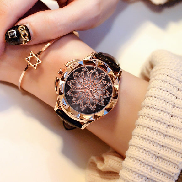 Woman Watch Luxury Brand Rose Gold  Fashion Casual Crystal Dress Wristwatch Leather Strap Quartz