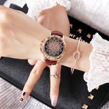 Woman Watch Luxury Brand Rose Gold  Fashion Casual Crystal Dress Wristwatch Leather Strap Quartz