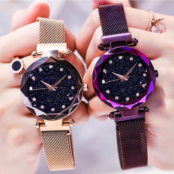 Woman Watch Luxury Rose Gold Starry Sky Magnetic Mesh Band Quartz Wristwatch Diamond Watches