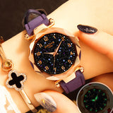 Woman Watch Luxury Starry Sky   Fashion Ladies Quartz Wristwatch Red Leather Waterproof