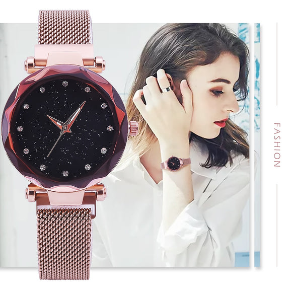 Woman Watch Luxury Mesh  Clock Magnet Buckle Starry Diamond Geometric Surface Casual Dress Quartz