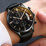 Man Watch Wrist Sport Stainless Steel Case Leather Band Quartz Analog