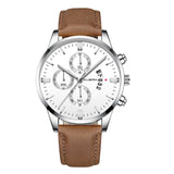 Man Watch Wrist Sport Stainless Steel Case Leather Band Quartz Analog