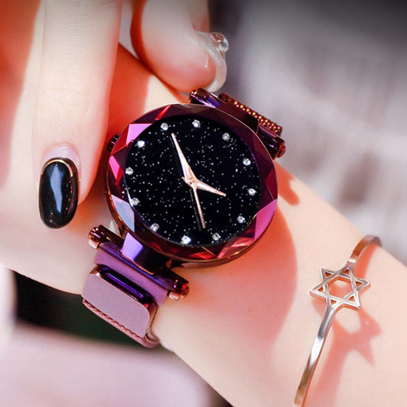 Woman Watch Luxury   Mesh Ladies  Magnet Buckle Starry Diamond Geometric Surface Casual Dress Quartz Wristwatch